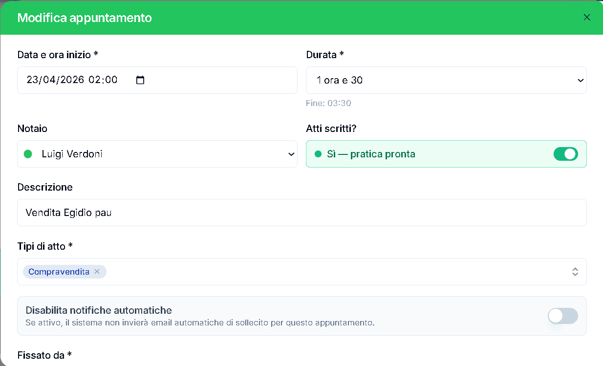 Modal di creazione di un nuovo appuntamento, con campi compilati